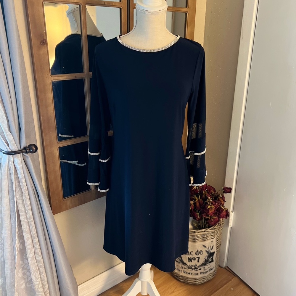 Elegant Navy Blue Dress with Sequin Trim